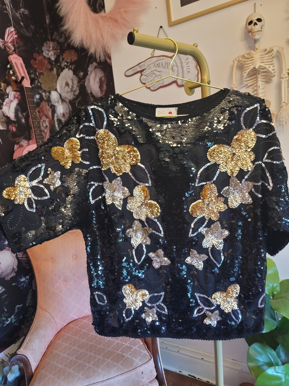 Vintage D&G Black Sequin Top with Gold & Silver Butterfly Embroidery